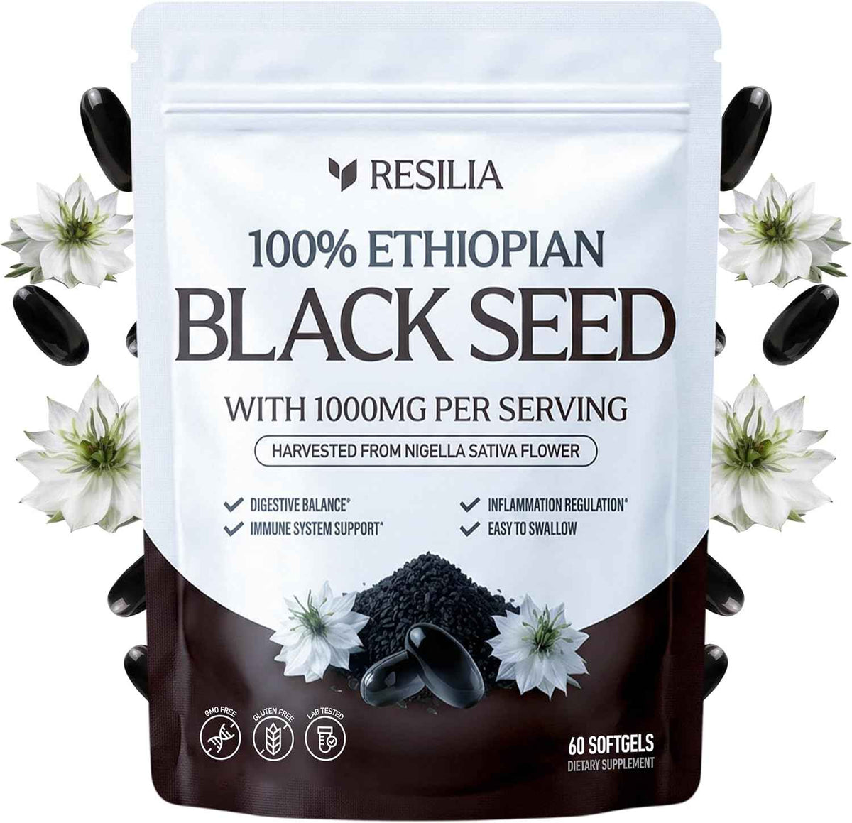Resilia Ethiopian Black Seed Softgels 1000mg Per Serving - Premium Nigella Sativa Seed Oil Supplement - Digestive & Immune Support Formula - Easy to Swallow Soft Capsules (60 Count)