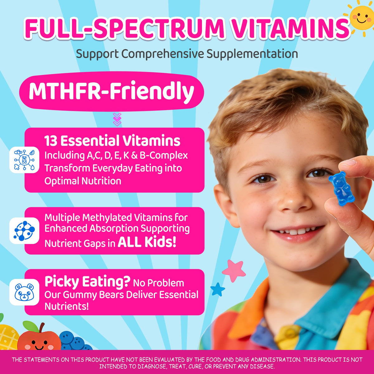 Kids Methylated Multivitamin - MTHFR Multivitamin for Kids & Teens 4+, L Methylfolate & B12, 13 Vitamins, Vegan Omega-3, Zinc, Probiotics & Elderberry, Immune Support, Brain Health, Sugar-Free