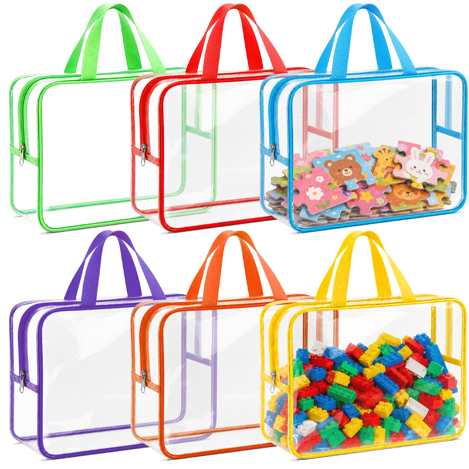 Etbndta 6 Pack Clear Toy Storage Bags with Zippers, Multi-Color Toy Organizer with Handles, Premium Plastic Toy Organizers and Storage for Building Blocks, Lego, puzzle, Crafts, Travel Essentials