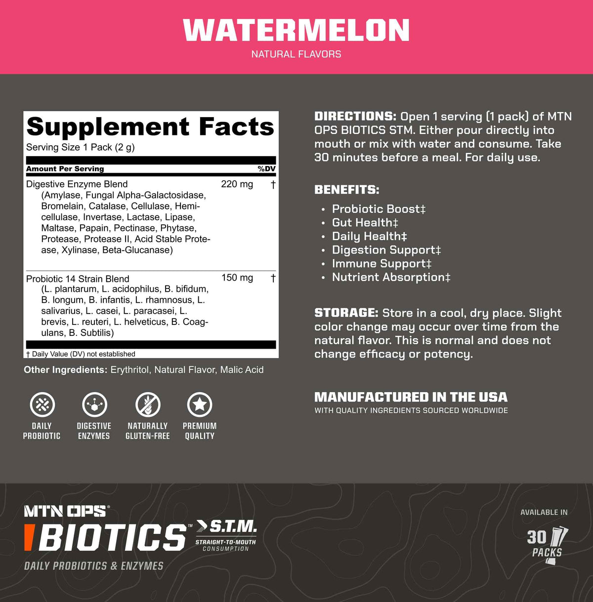 MTN OPS Biotics STM On‑the‑Go Probiotic Supplement for Gut Health, Digestion & Immune Support – Sugar‑Free, Natural Flavors Variety Pack, 30 Servings – Fast, Convenient Daily Gut Health Formula