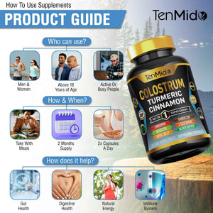 Tenmido Colostrum Supplement - 8in1 Formula - Combine with Turmeric, Ceylon Cinnamon, Quercetin, Royal Jelly, Dandelion, L- Glutamine, and Black Pepper - Digestive Health Support - 120 Capsules