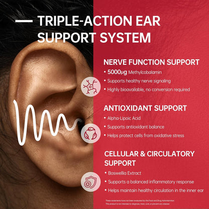 Tinnitus Relief Supplement for Ringing Ears, Ear Noise and Auditory Comfort - Traceable German Pharmaceutical-Grade, Alpha Lipoic Acid, B12 Methylcobalamin 5000mcg, Boswellia, 1 Per Day, 60 Days Supply