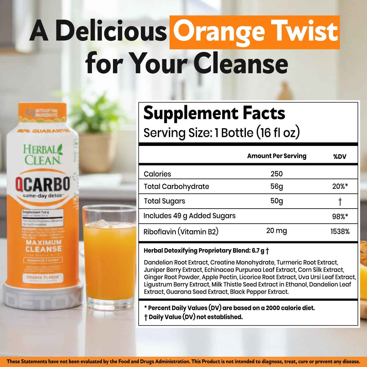 Herbal Clean Qcarbo16 Same-Day Detox Cleanse Drink (16 fl oz) - Orange Flavor Full Body Cleanse* Detox Drink for Moderate Toxin Level