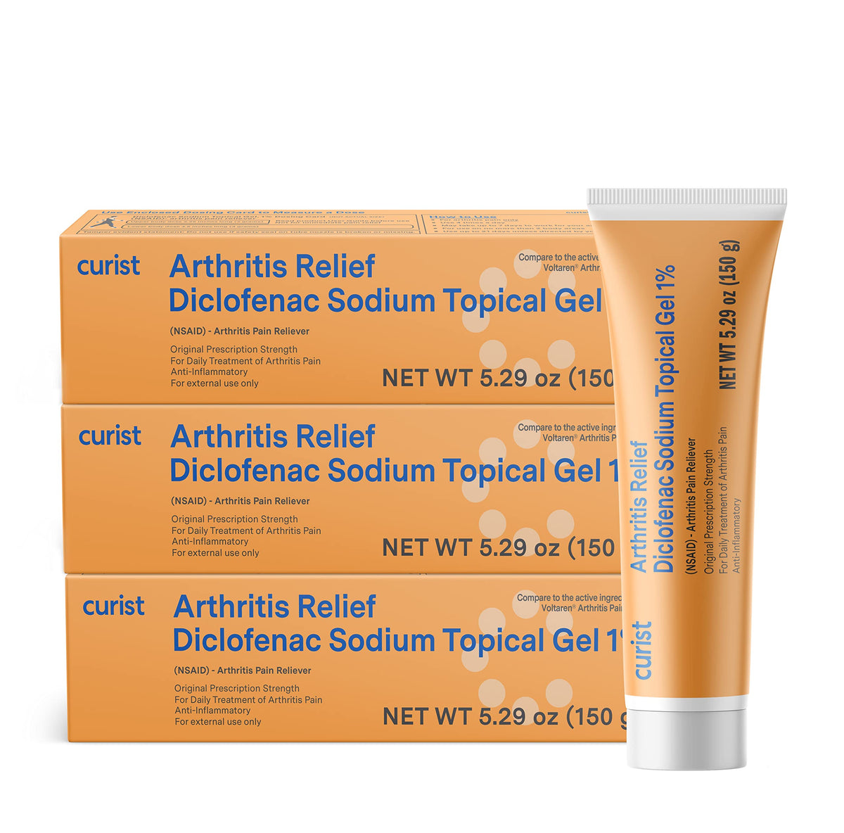 Curist Diclofenac Arthritis Cream Gel 1% (3 Tubes of 150g) - for Wrists, Feet, Elbows, & Ankles. Hand Arthritis Pain Relief & Knee Arthritis Pain Relief (3 Pack, 5.29 oz ea.)