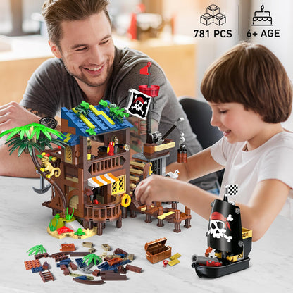 HOGOKIDS 3-in-1 Pirate House STEM Building Set with LED Light for Boy 6-12+