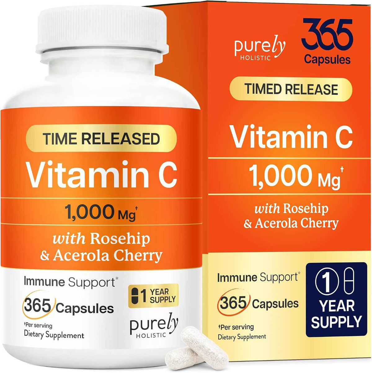 Vitamin C 1000mg, Immune Support, Timed-Release Capsules, 1 Year Supply - Vitamin C Supplement with Acerola Cherry & Rose Hips, Daily Antioxidant & Wellness Support, Vegan, Non-GMO, 365 Capsules