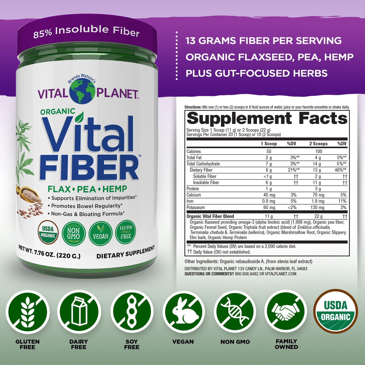 Vital Planet - Vital Fiber Powder, Soluble and Insoluble Fiber Supplement with Flax, Pea and Hemp, Organic Daily Dietary Supplement Supports Gut Digestive Regularity 7.76 oz