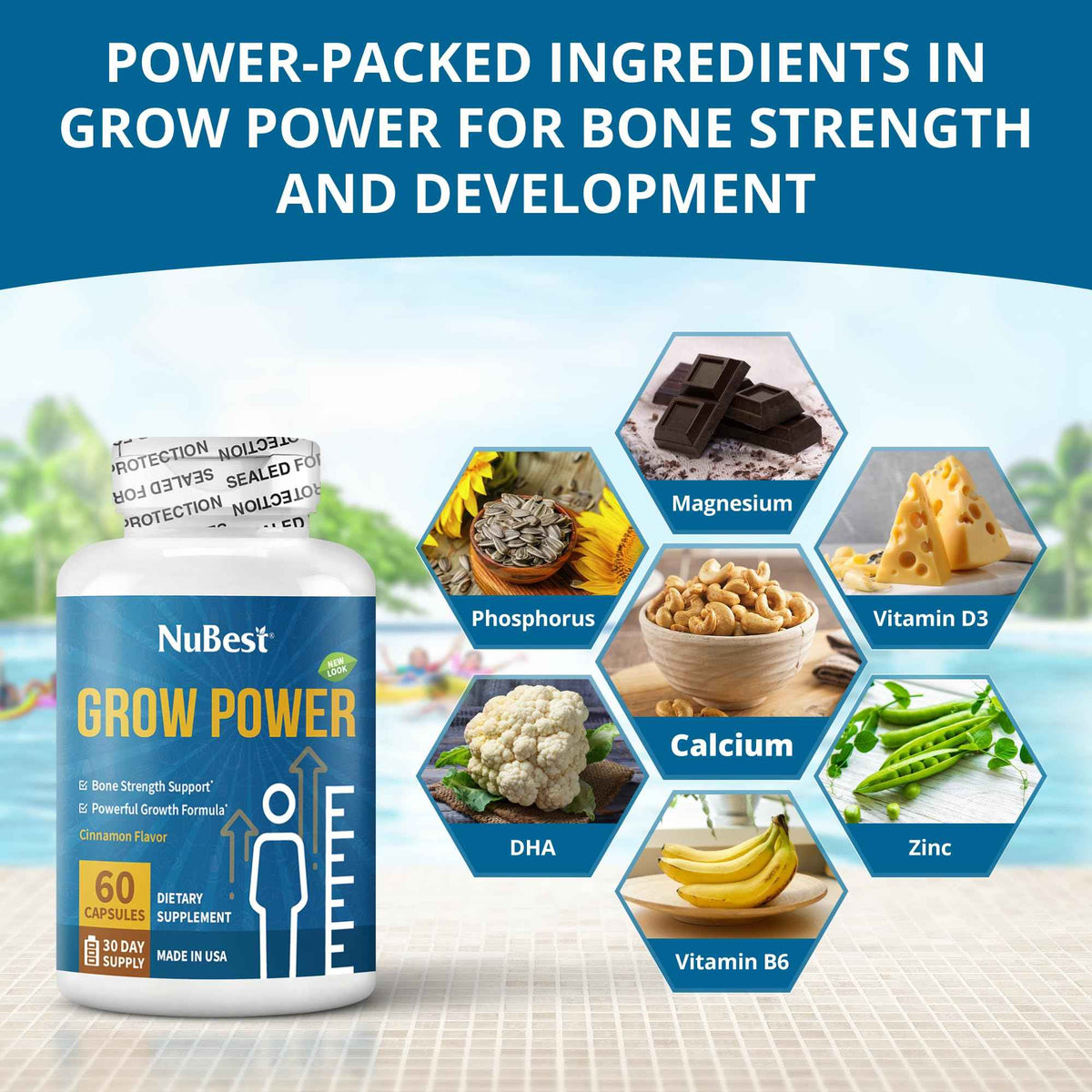 NuBest Grow Power - Calcium Supplement, Magnesium Supplement with Vitamin D3, B6, Zinc, Phosphorus and Multivitamin for Strong Bones, Overall Health for Age 10+ - 60 Capsules - 1 Month Supply