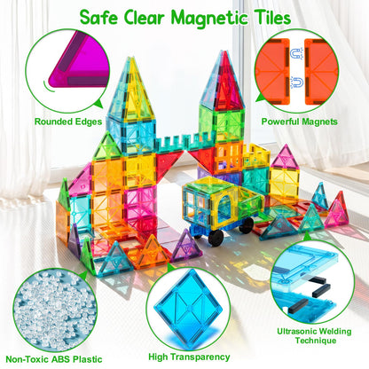 Bmag 100PCS Magnet Building Blocks with 2 Cars for Kids, Magnetic Tiles Stacking Building Set for Boys Girls, STEM Preschool Educational Learning Construction Toy