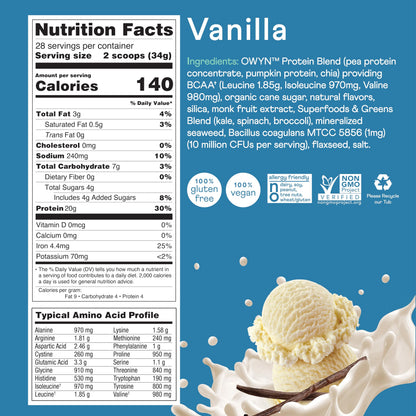 OWYN Only What You Need Plant Based Protein Powder with 20g Protein, Probiotics