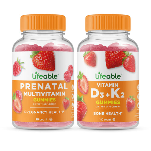 Lifeable Women's Prenatal Multivitamin + Vitamin D3 + Vitamin K2, Gummies Bundle - Great Tasting