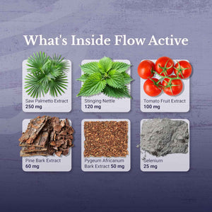 Flow Active - Prostate Health Supplements for Men - Advanced Prostate & Bladder Support, Saw Palmetto, Selenium & Pygeum. 30 Days Supply. 30 Capsules