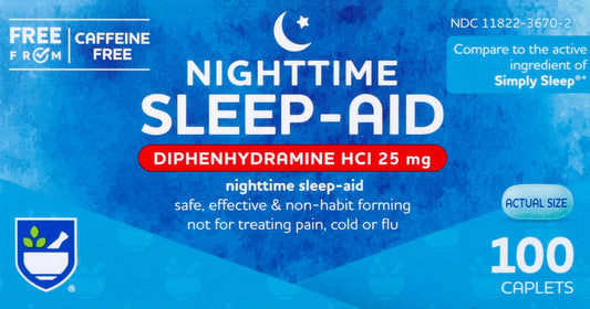 Rite Aid Nighttime Sleep Aid Diphenhydramine HCI 25 mg, 100 Mini Caplets | Non-Habit Forming Sleep Supplement | Best Sleep Aid for Insomnia | Insomnia Relief and Anxiety Relief Items Natural Sleep Aid