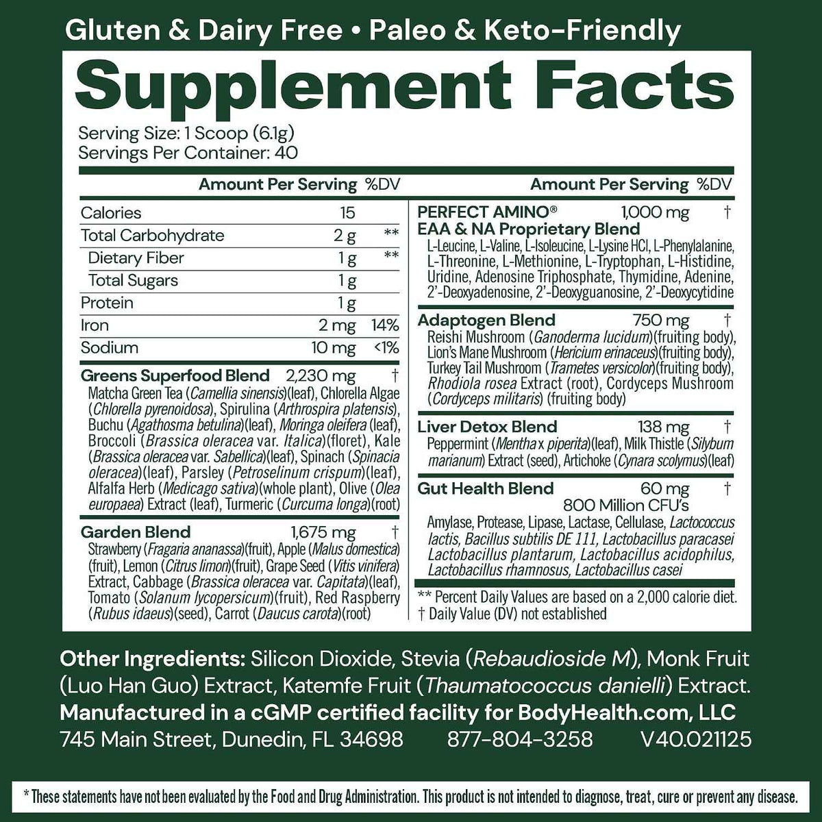 BodyHealth Greens Enhanced with PerfectAmino - Daily Superfood Green Apple Smoothie Powder with Vegetables, Fruit, Antioxidants, Prebiotics, Probiotics, Fiber, and Protein - 40 Servings