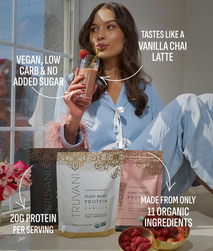 Truvani Organic Plant Based Protein Powder - Strawberry - 10 Servings - Vegan - 20g Pea Protein - Single Serving Travel Packets - Keto - Gluten & Dairy Free - Low Carb
