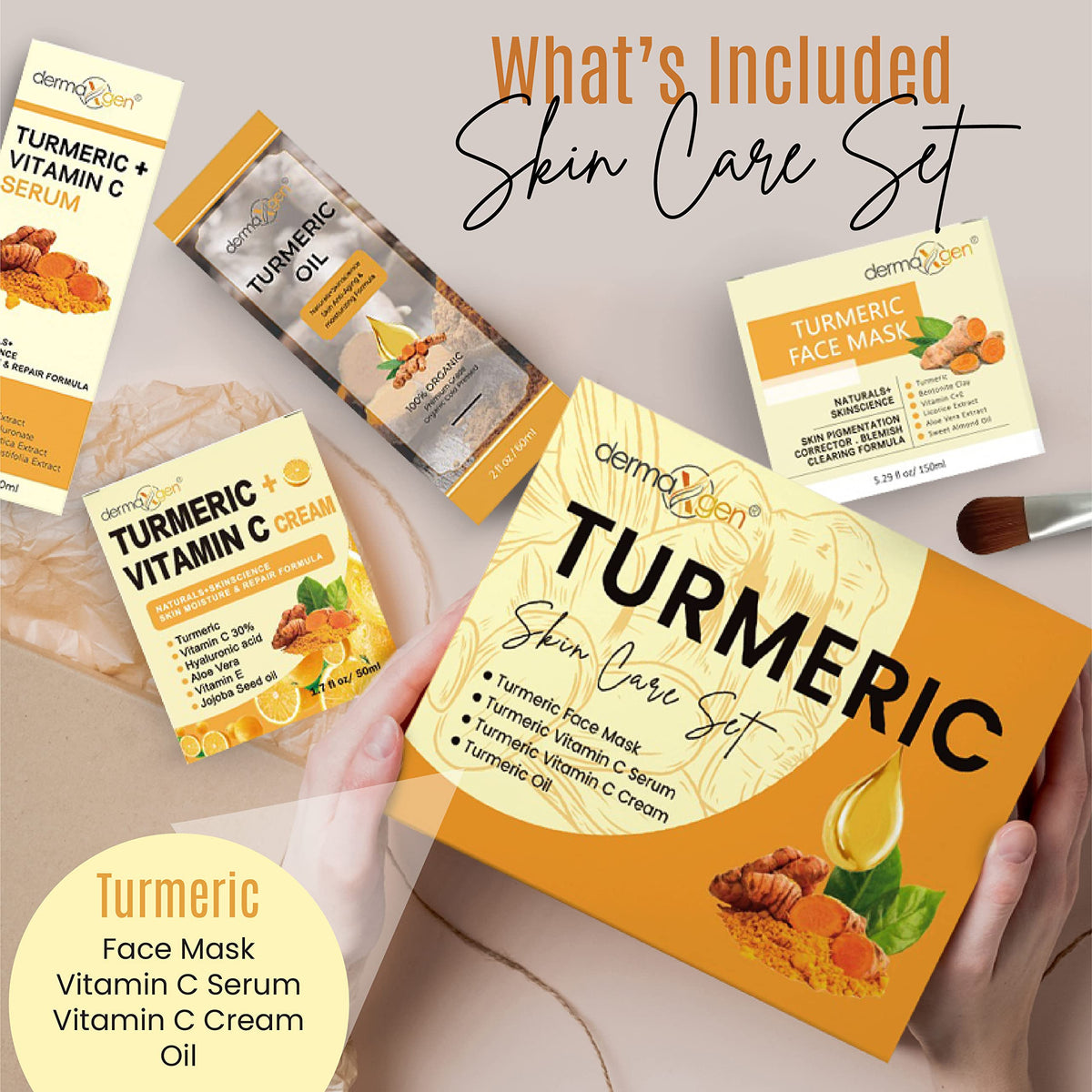 DERMAXGEN Turmeric Complete Glow Boosting Set - Anti-Aging, Acne Control & Pore Refining - Includes Turmeric Mask, Serum, Cream & Cleanser (Set of 4)