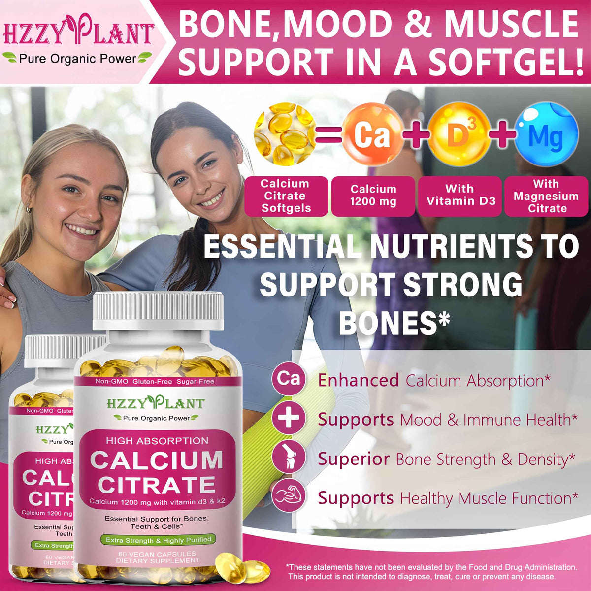 Calcium Supplements for Women Softgels, High Absorption Calcium Citrate Supplement Essential Mineral Calcium 1200 mg with Vitamin D3 Magnesium for Bone Health Support