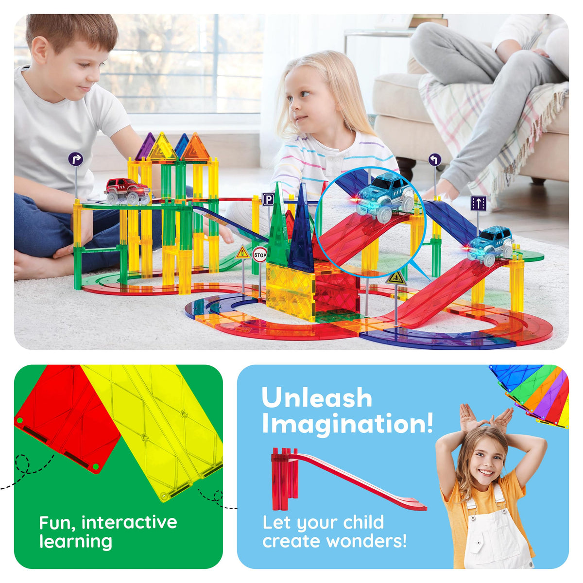 PicassoTiles 6 Piece Magnetic Tiles Race Track Ramp Accessories STEM Building Blocks Toys Magnet Tile Educational Construction Playset Boys Girls Brain Development and Creative Pretend Play Toy PTR06