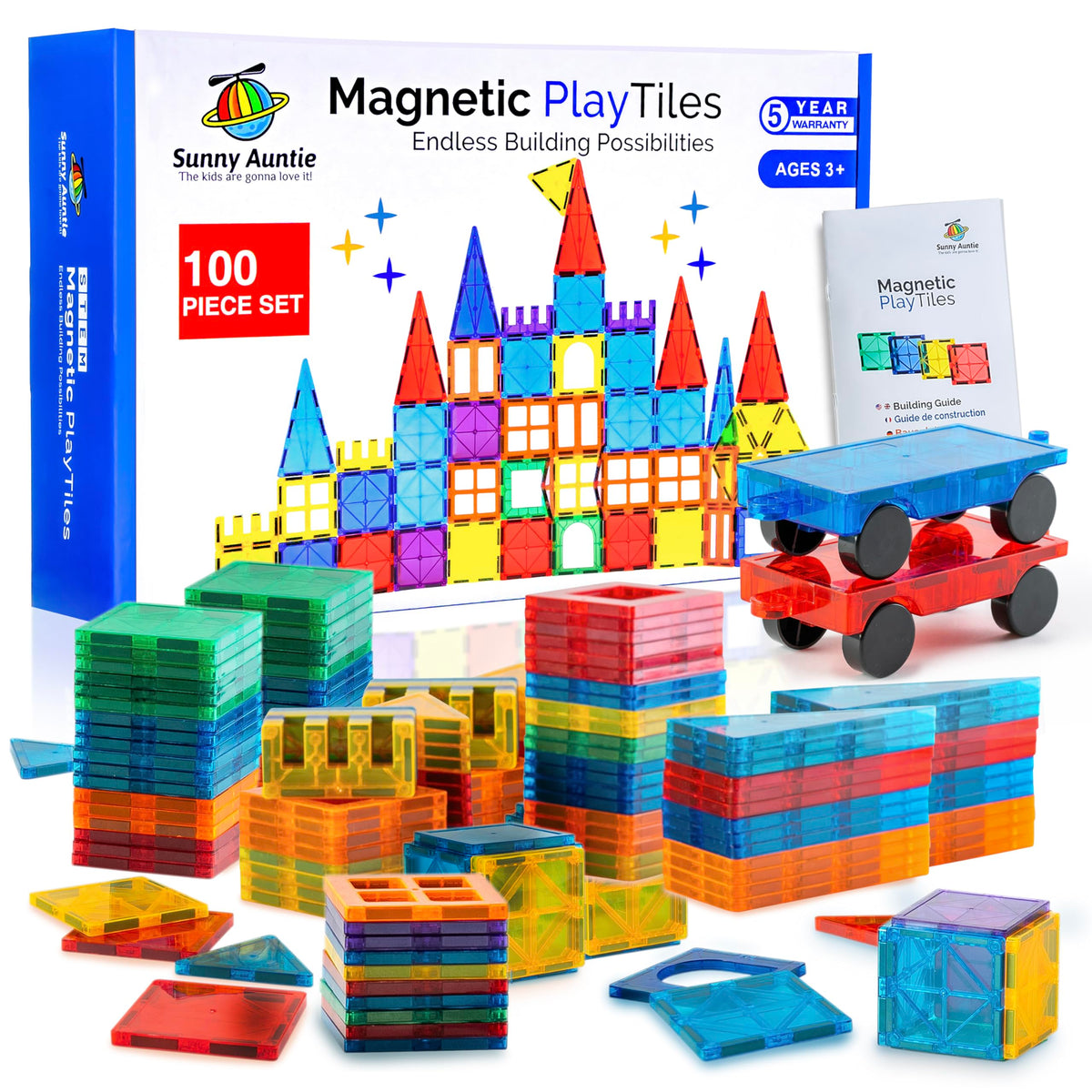 SUNNY AUNTIE Magnetic Tiles 100 PCS with 2 Cars – Magnetic Building Tiles STEM Toy for Kids Ages 3-8, Magnet Construction Set for Boys & Girls