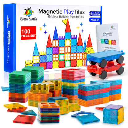 SUNNY AUNTIE Magnetic Tiles 100 PCS with 2 Cars – Magnetic Building Tiles STEM Toy for Kids Ages 3-8, Magnet Construction Set for Boys & Girls
