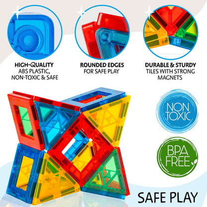 SUNNY AUNTIE Magnetic Tiles 100 PCS with 2 Cars – Magnetic Building Tiles STEM Toy for Kids Ages 3-8, Magnet Construction Set for Boys & Girls