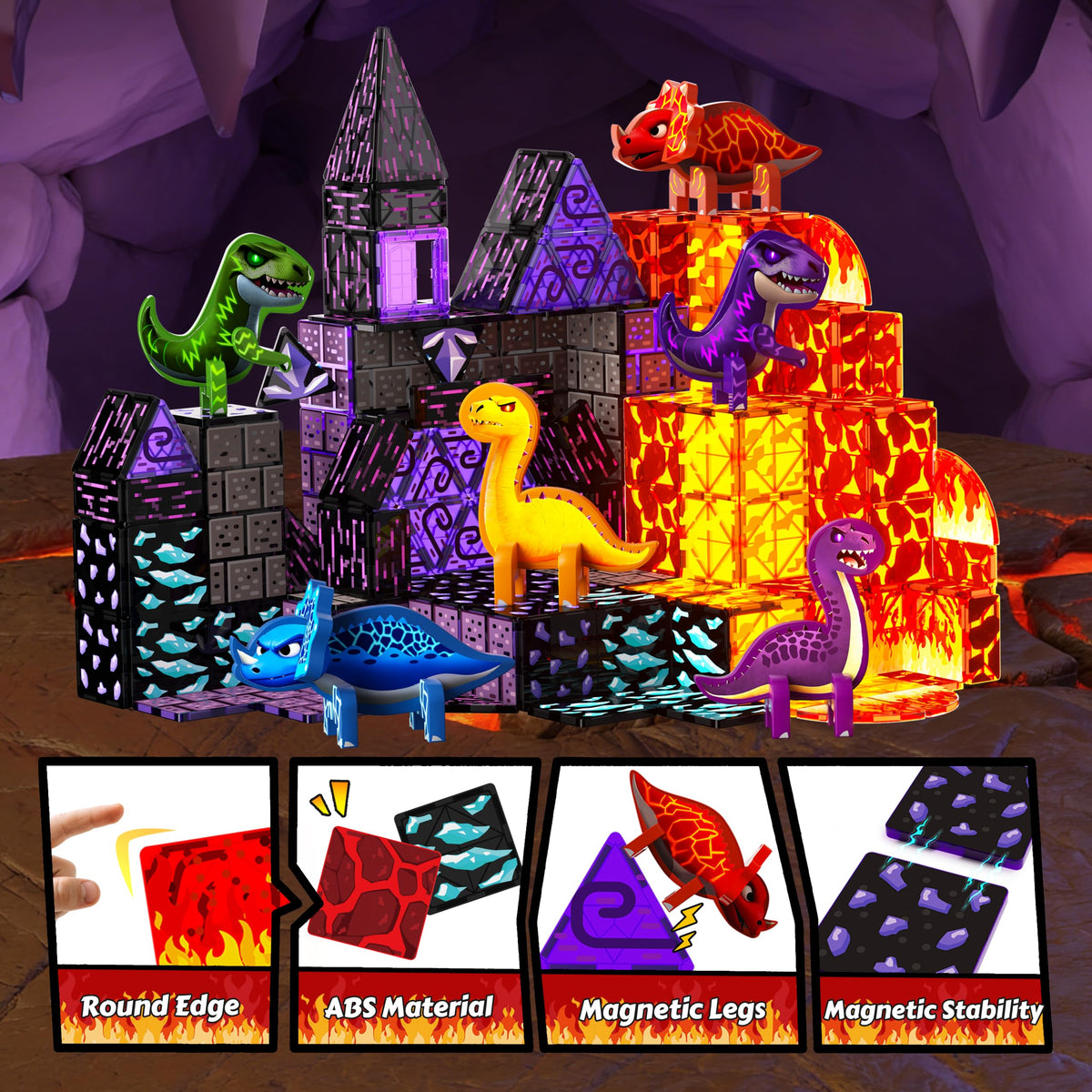 GobiDex 80PCS Dinosaur Toys Magnetic Tiles with 6 Dinosaurs - Jurassic Scenes Dinosaur World Adventure Set, Magnetic Blocks for Kids Ages 3-5 4-8, STEM Building Toys for 3+ Year Old Boy Birthday Gifts