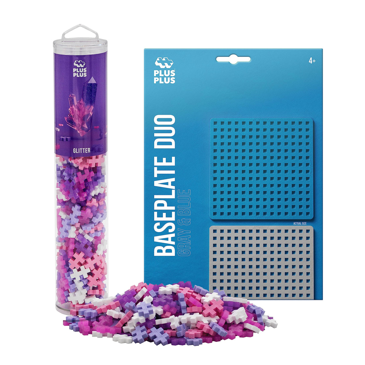 PLUS PLUS 240 Piece Glitter Mix Tube & Baseplate - Mini Interlocking Building Blocks Set, Stem Toys for Kids - Sensory Bin Fillers/Waffle Blocks Gifts for Boys & Girls
