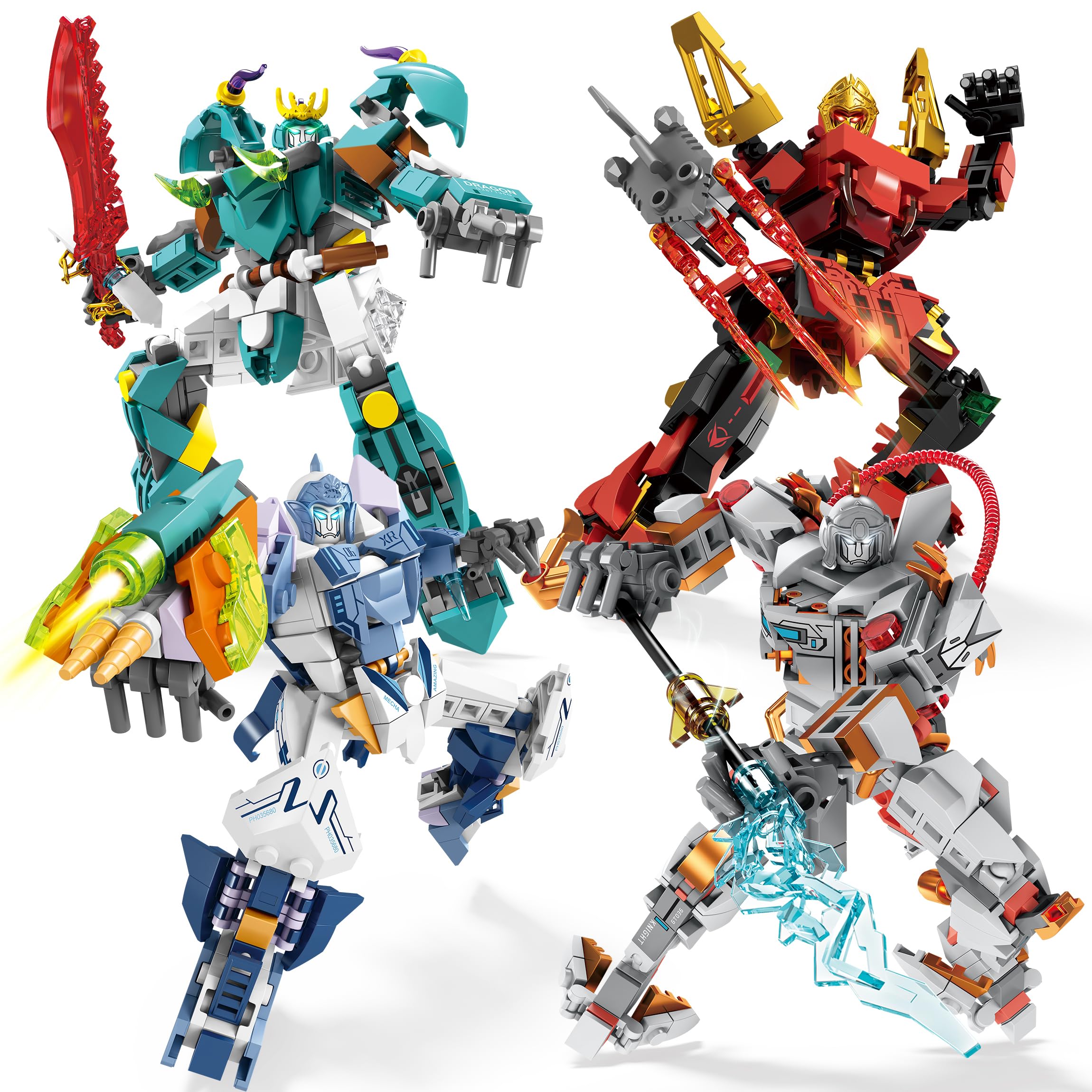 Loyratche Transforming Mech Robot Building Blocks Set, 4 Types of Destroy Warrior City Mecha Action Figure with Weapons, Cool Creative Robots Toys Gift for Adults