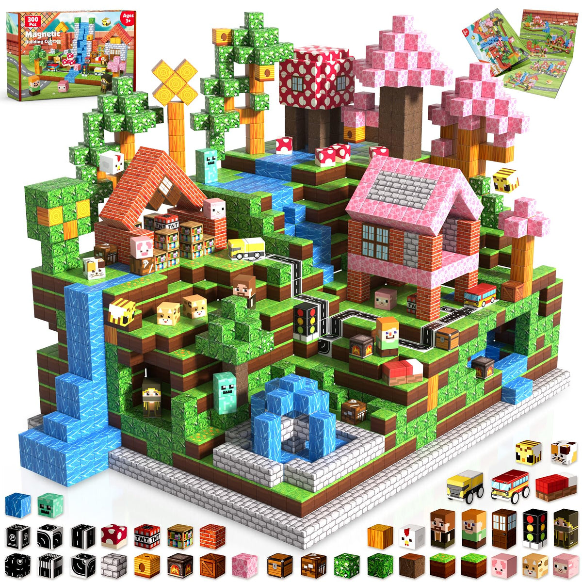 Annexfun Magnetic Blocks - 300PCS Magnetic Building Blocks Road Forest Magnetic Cubes - Sensory Toys for Montessori Toddler Birthday Gifts -STEM Construction Toys for Kids Ages 3+ for Boy & Girl