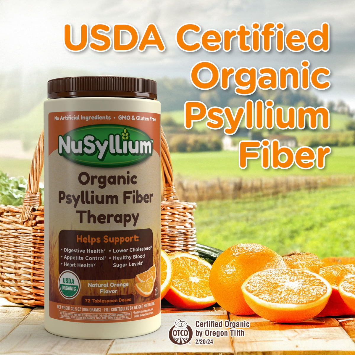 NuSyllium Psyllium Husk Powder, USDA Organic, 30.5 Oz, Dietary Fiber Supplement with Brown Sugar, Helps Digestive Health* Natural Orange, 72 Servings