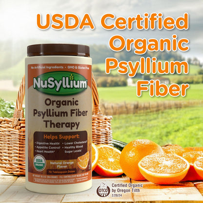 NuSyllium Psyllium Husk Powder, USDA Organic, 30.5 Oz, Dietary Fiber Supplement with Brown Sugar, Helps Digestive Health* Natural Orange, 72 Servings