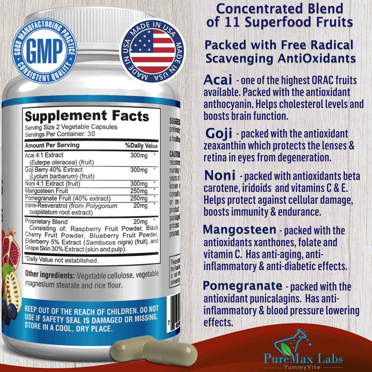 Super Antioxidant Fruit Superfood Complex - Powerful Antioxidant Superfruits, Acai, Goji, Noni, Mangosteen, Pomegranate, Elderberry, Resveratrol,