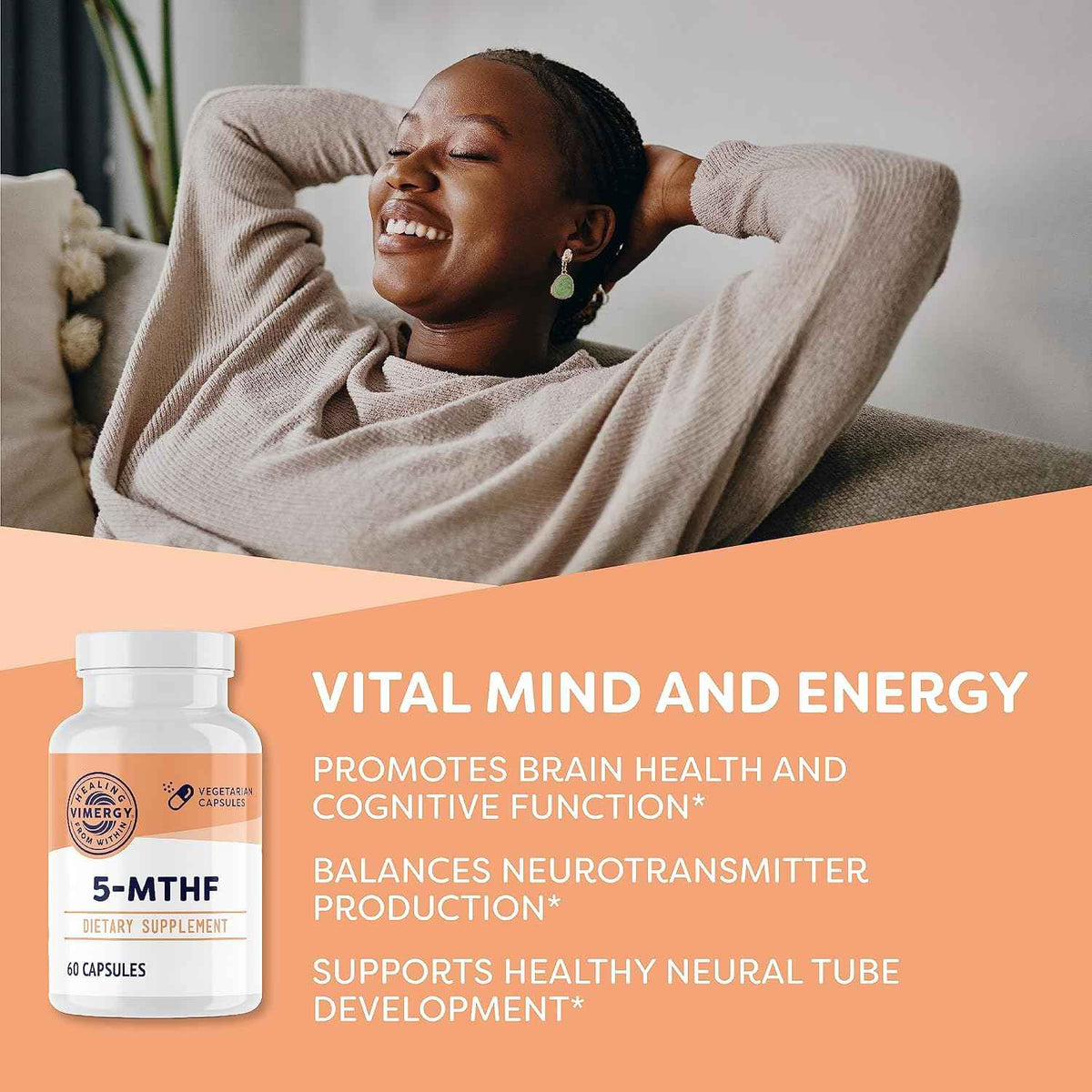 Vimergy 5-MTHF Capsules - 60 Servings (1 Capsule/Serving) 8500mcg L-Methylfolate Glucosamine and 500 mcg Vitamin B12 Supplement –Bioavailable Folate Supplement, Vegan (60 ct)