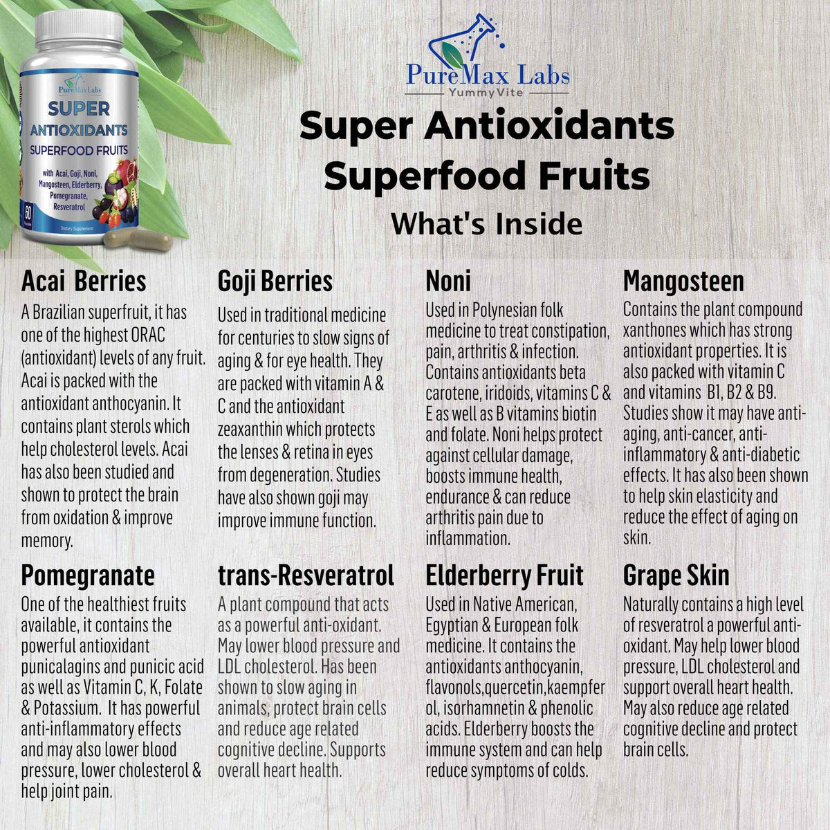 Super Antioxidant Fruit Superfood Complex - Powerful Antioxidant Superfruits, Acai, Goji, Noni, Mangosteen, Pomegranate, Elderberry, Resveratrol,