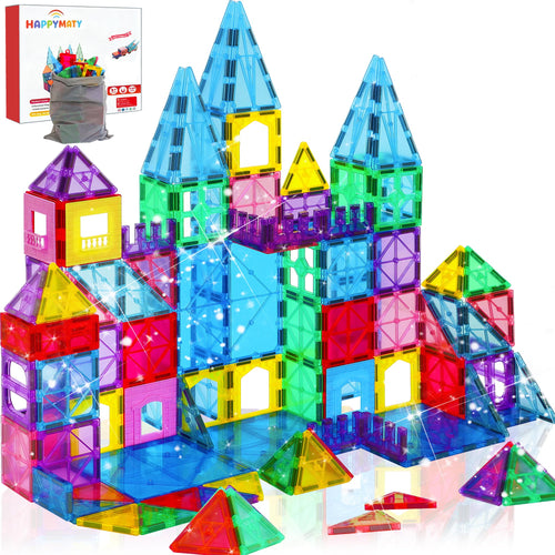 HAPPYMATY Next-Gen Antibacterial Magnetic Tiles, 124PCS Building Blocks Set