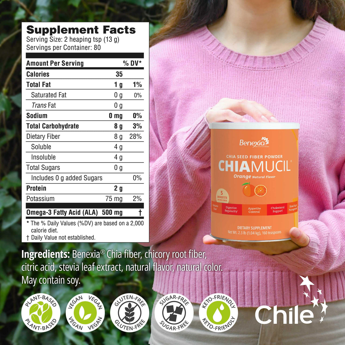 BENEXIA Chiamucil Prebiotic Chia & Inulin Fiber Powder, Orange, 80 Serv