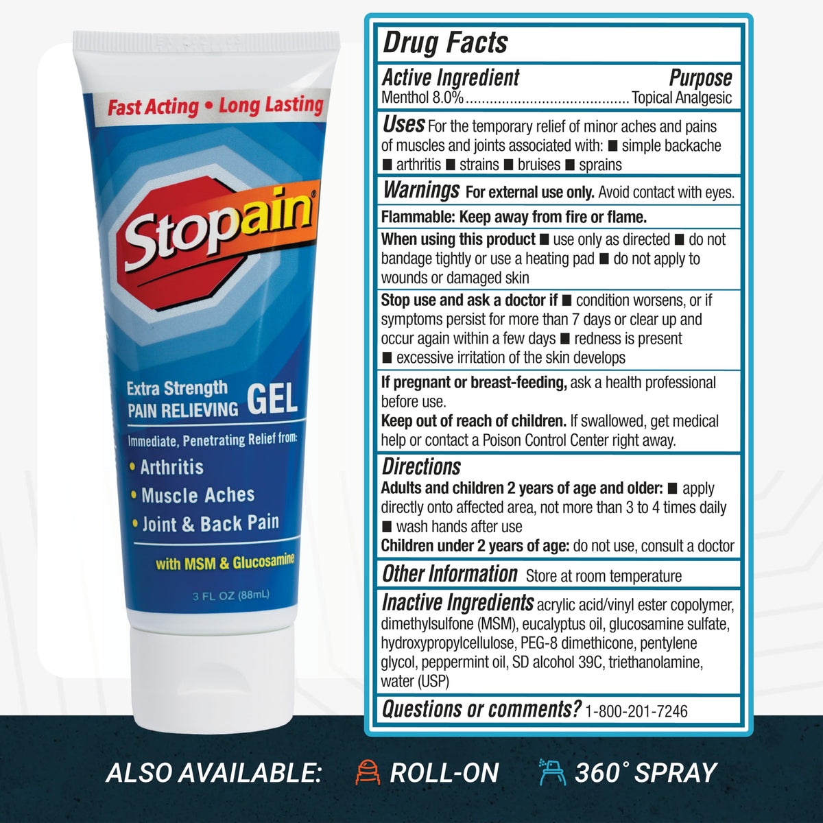 Stopain Pain Relief Gel 3oz (3 Pack) USA Made, Max Strength Fast Acting with MSM, Glucosamine, Menthol for Arthritis, Lower Back Sciatica, Knee, Neck, HSA FSA Approved Topical Analgesic Products
