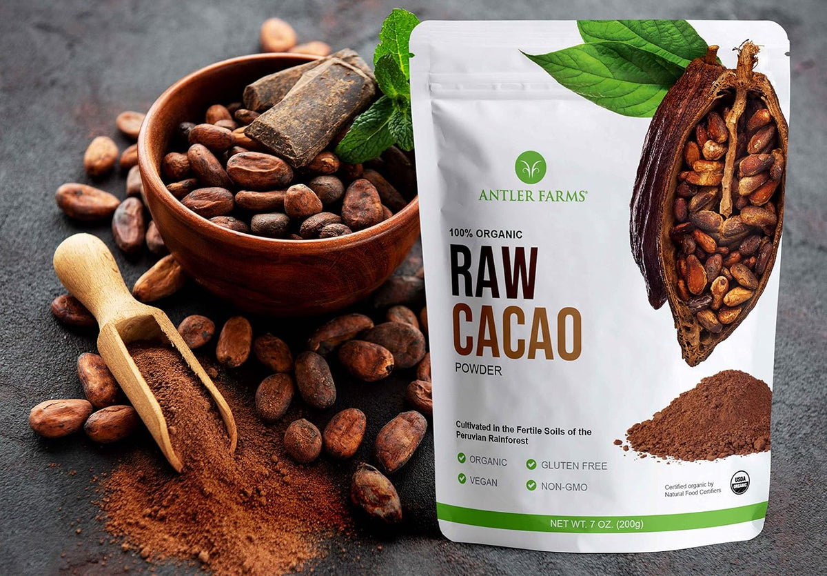 Antler Farms - 100% Pure Organic Raw Cacao Powder, 40 servings, 200g - Vegan, Gluten Free, Cultivated Naturally in Amazon Rainforest, Certified USDA Organic - 100% Pure, Vegan, Gluten Free, Cultivated Naturally in Amazon Rainforest, Certified USDA Organic