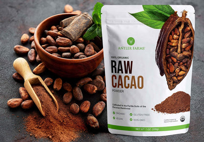Antler Farms - 100% Pure Organic Raw Cacao Powder, 40 servings, 200g - Vegan, Gluten Free, Cultivated Naturally in Amazon Rainforest, Certified USDA Organic - 100% Pure, Vegan, Gluten Free, Cultivated Naturally in Amazon Rainforest, Certified USDA Organic