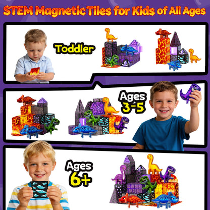 GobiDex 80PCS Dinosaur Toys Magnetic Tiles with 6 Dinosaurs - Jurassic Scenes Dinosaur World Adventure Set, Magnetic Blocks for Kids Ages 3-5 4-8, STEM Building Toys for 3+ Year Old Boy Birthday Gifts