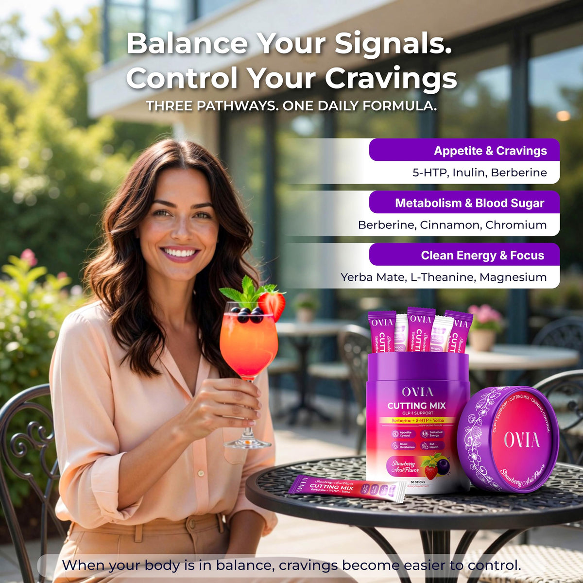 OVIA Cutting Mix Craving Control & Weight Management Powder with Yerba Mate, Berberine, 5-HTP, Inulin FOS, L-Theanine, Chromium, Cinnamon & Ginger - Strawberry Acai - 30 Sticks