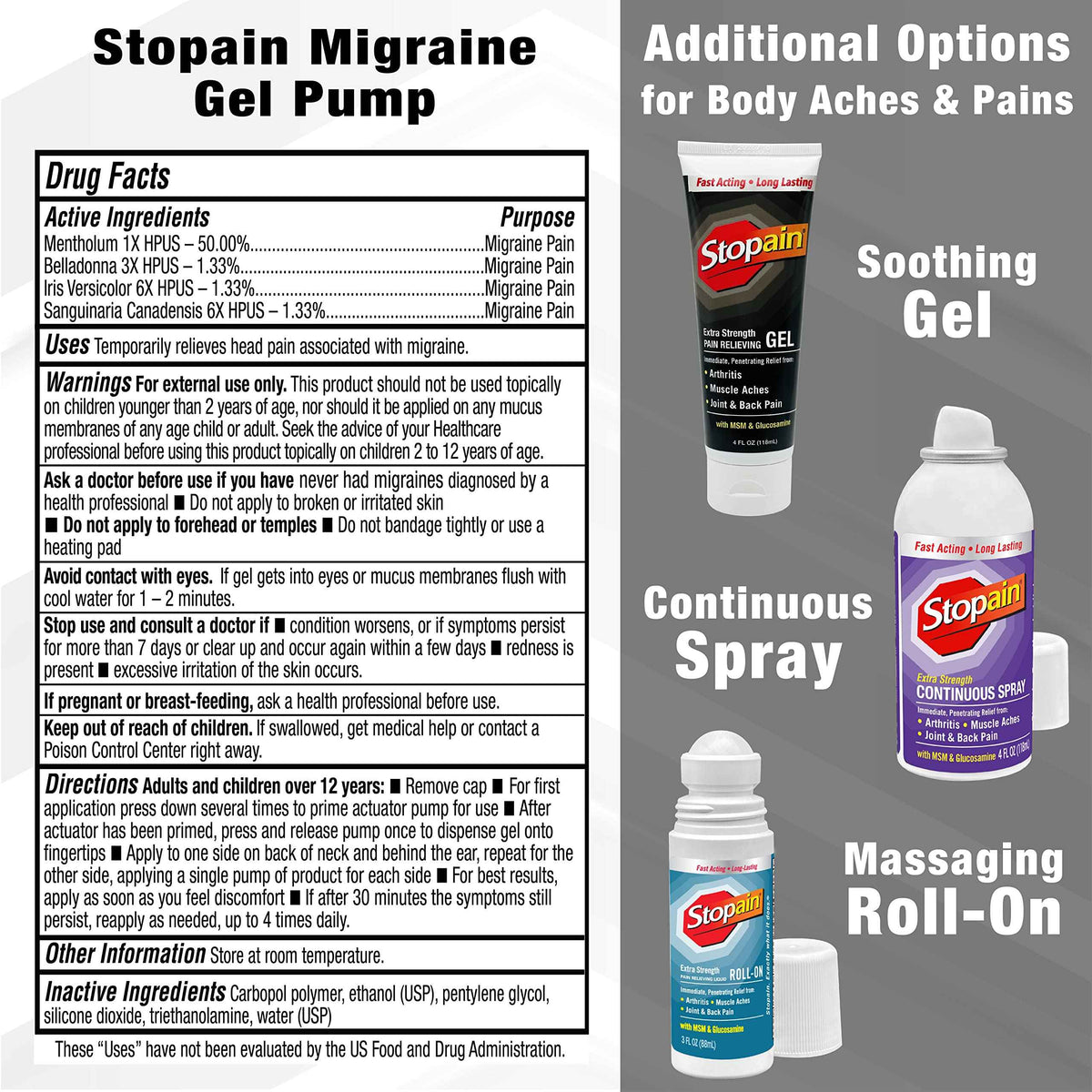 Stopain Migraine Pain Relief Gel Pump, 1.62oz, USA Made, Max Strength Fast Acting Research Proven Topical Effective at Any Stage, No Known Side Effects or Drug Interactions, HSA FSA Approved Products