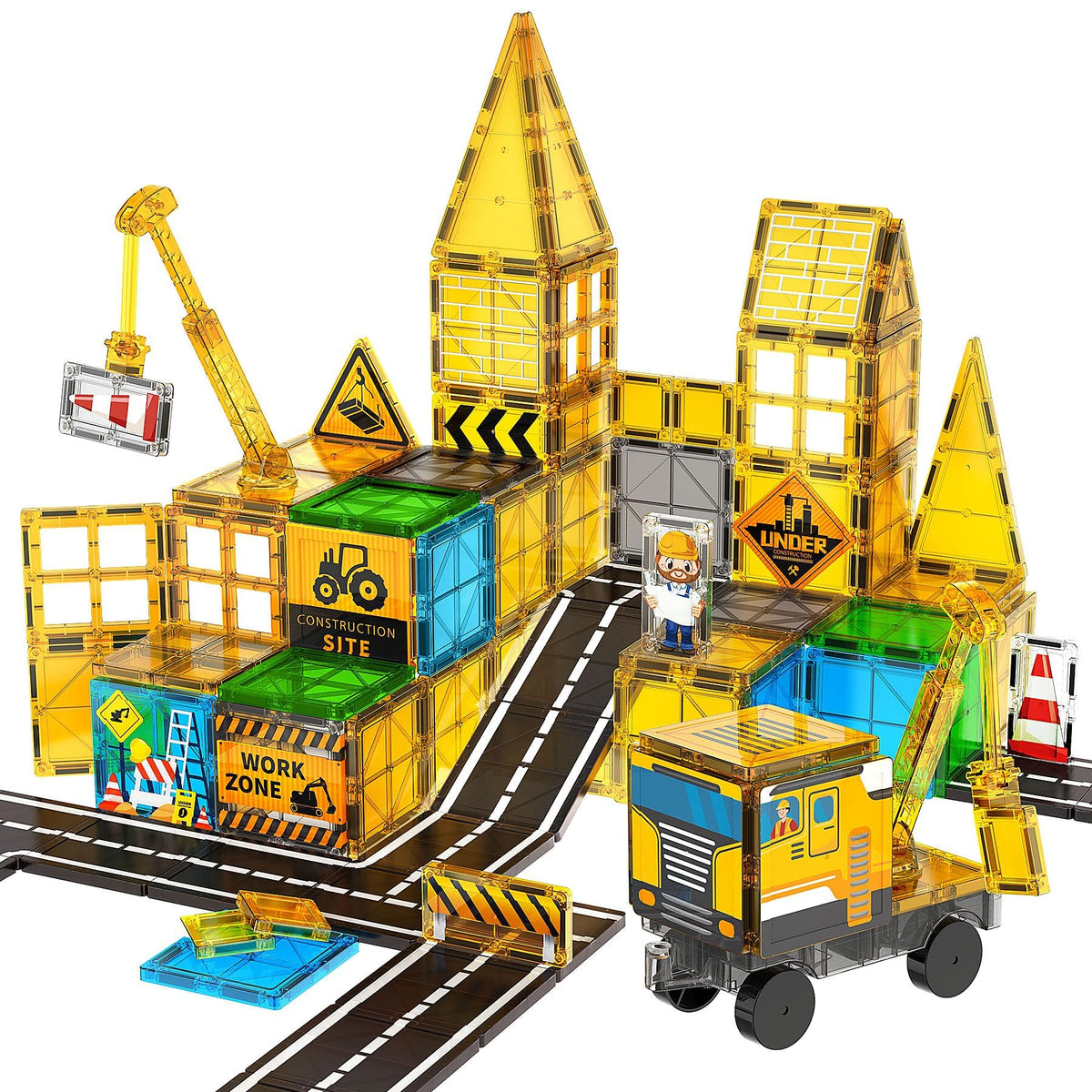 SKTMYY Magnetic Tiles for Kids, Construction Toys with Crane Road Truck Magnets Building Blocks Gifts for Kids Ages 3-5 4-8 Montessori Preschool Educational STEM Toy Gifts for 3+ Years Old Boys