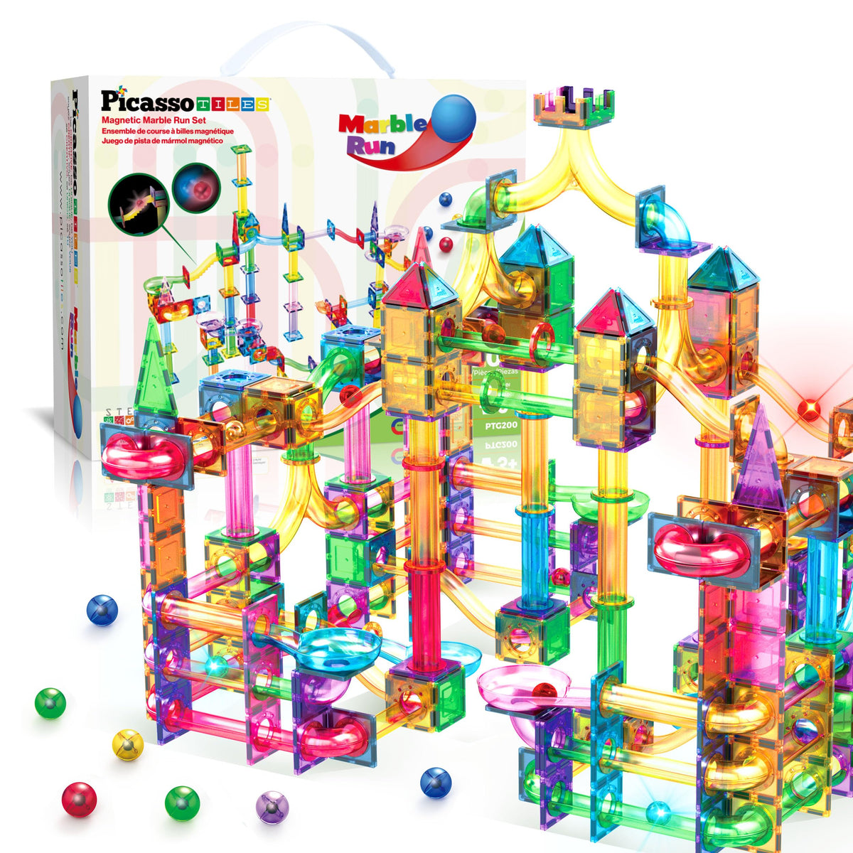 PicassoTiles 200 PCS Picasso Tiles Marble Run LED Race Track Set Ages 3+
