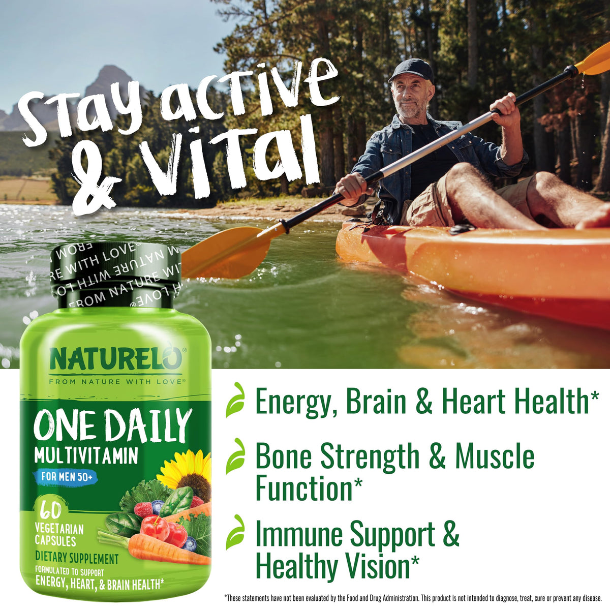 NATURELO Mens Multivitamins for Men 50+ - One Daily Multivitamin for Men with Vitamins, Minerals & Organic Whole Foods, Boost Energy & Health, Non-GMO, 60 Vegetarian Capsules