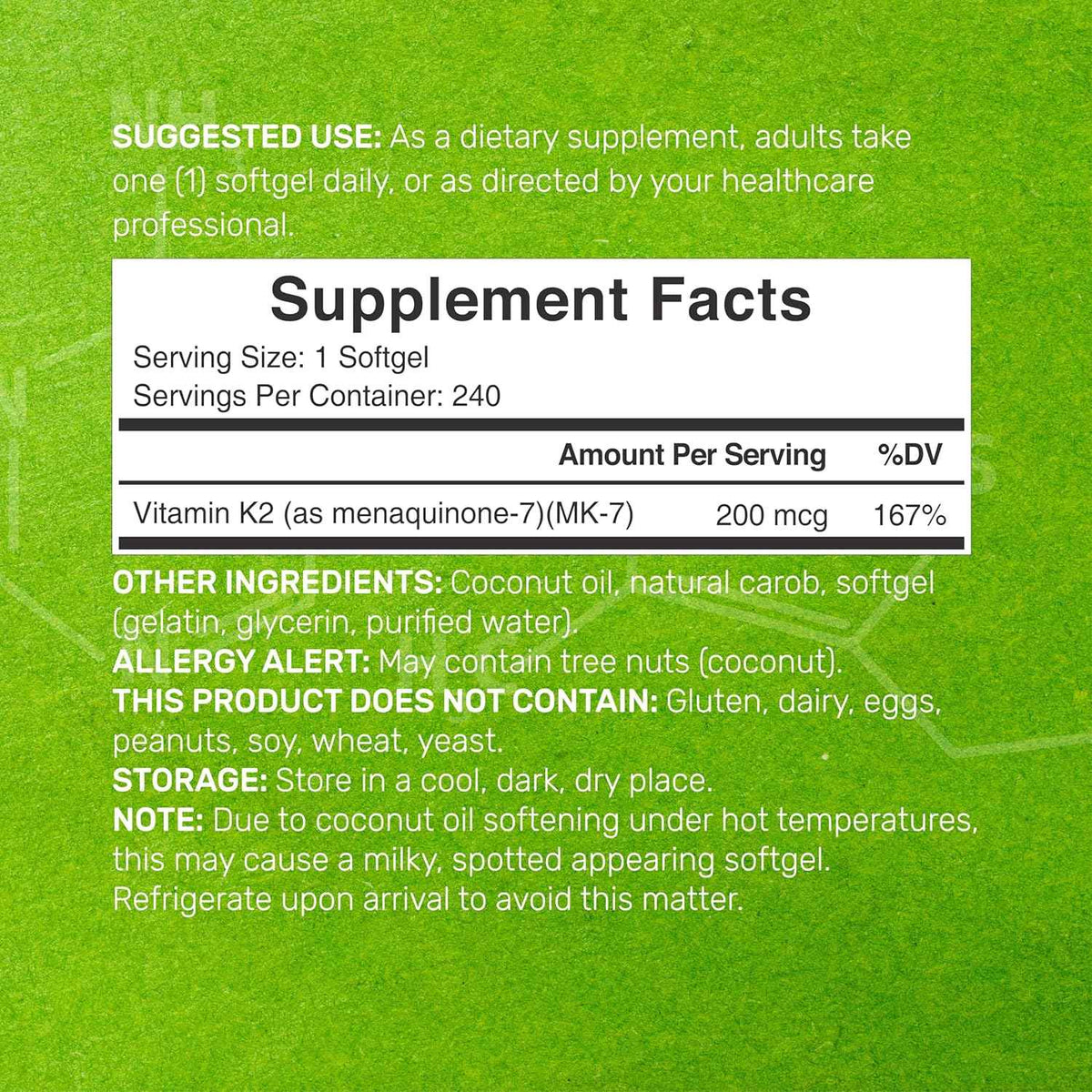 DEAL SUPPLEMENT Vitamin K2 MK-7 200mcg Per Serving, 240 Coconut Oil Softgels - Easily Absorbed Menaquinone-7 Form - Bone, Joint, & Immune Support - Non-GMO
