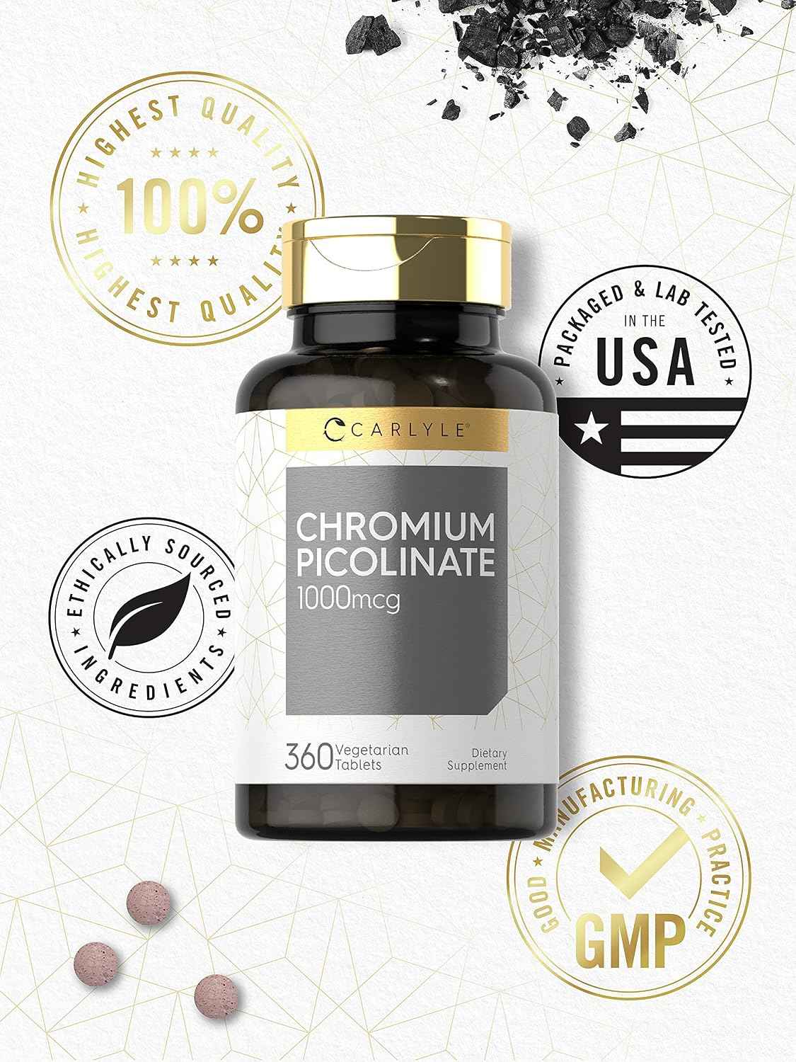 Carlyle Chromium Picolinate Supplement - 1000mcg - 360 Tablets - Vegetarian, Non-GMO, Gluten Free Formula
