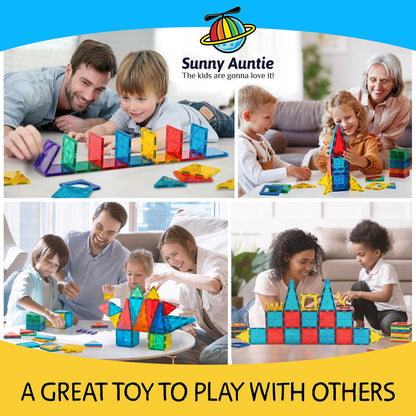 SUNNY AUNTIE Magnetic Tiles 100 PCS with 2 Cars – Magnetic Building Tiles STEM Toy for Kids Ages 3-8, Magnet Construction Set for Boys & Girls