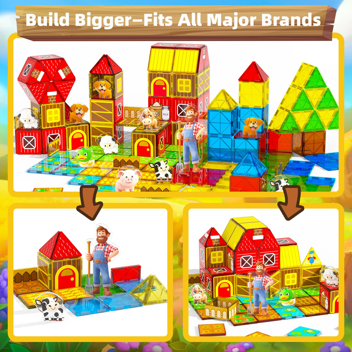 GobiDex Magnetic Tiles with Farm Animals Building Blocks, STEM Sensory Toys for Indoor, Outdoor, and Travel Play, Educational Magnet Toy Gift for Preschool Kids Ages 3-5, 4-8
