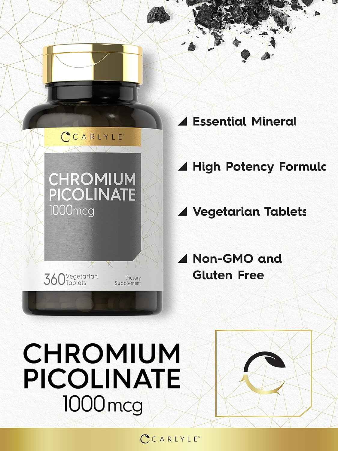 Carlyle Chromium Picolinate Supplement - 1000mcg - 360 Tablets - Vegetarian, Non-GMO, Gluten Free Formula